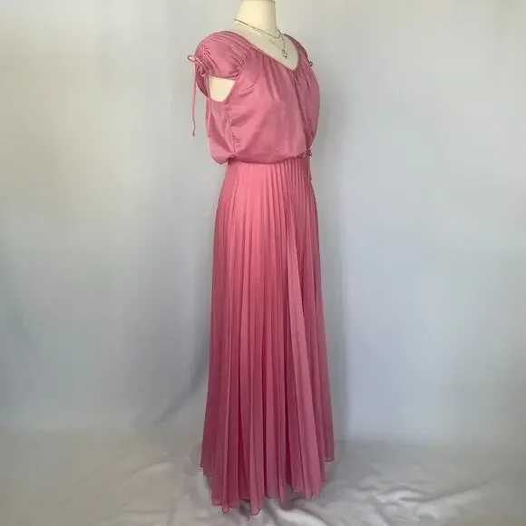 Vintage Formal Dress Size Small Pink Accordion Pleated Maxi Prom Bridesmaid 80s - Picture 5 of 16